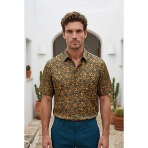 Thai Silk by Apple Mens XXXL Gold Blue Paisley Short Sleeve Button Up Shirt Y2K
